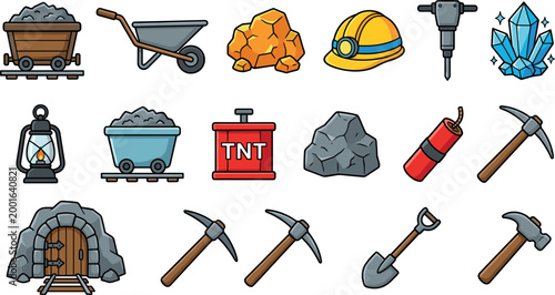 A comprehensive collection of cartoon mining icons featuring gold nuggets, crystals, mine carts, safety helmets, tools, and explosives isolated on a clean white background.