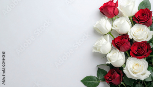白背景におかれた赤と白の薔薇