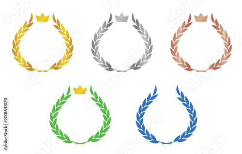 金銀銅と王冠の月桂樹フレームセット。ランキングやアワードの装飾素材 / Laurel wreath and crown frame set for ranking