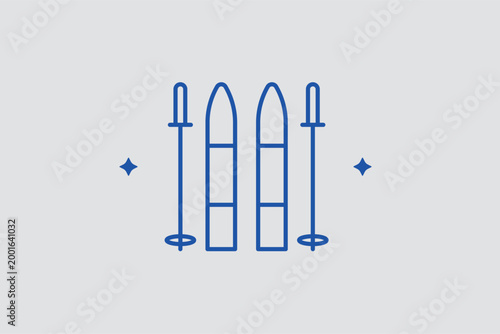 Skis and poles line icon. Vertical vector illustration for alpine skiing rentals and winter hobby blogs.