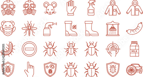 Red outline pest control icon set featuring gas mask, spider, beetle, shield, spray, protective suit and exterminator symbols