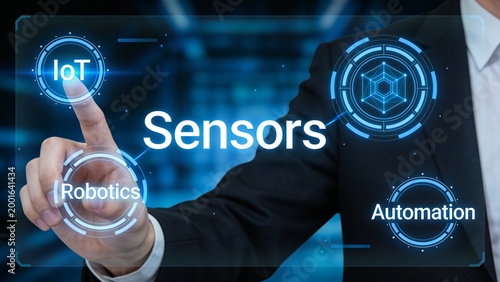  is a digital illustration featuring a futuristic technology theme. It shows a person in a suit, with only the hand and part of the arm visible, interacting