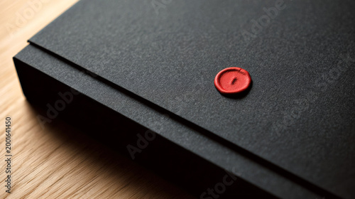 Black folder with a red wax seal resting on a wooden surface, showcasing a minimalist design and elegant presentation for documents or letters