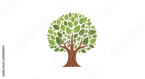 A stylized illustration of a tree with a brown trunk and a leafy green crown against a white background