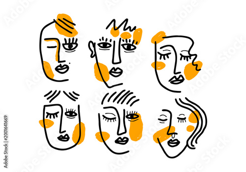 Abstract minimalist face illustration set featuring six hand drawn female portraits