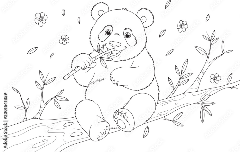 Fototapeta premium Cute panda eating bamboo while sitting on tree branch line art illustration on transparent background.
