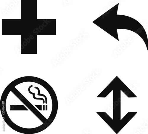 Black icons set featuring medical cross, no smoking sign, curved arrow, and vertical bidirectional arrow for public signage design