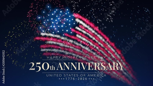 Banner 250th anniversary of the USA. 250 years of independence. 4th of july 2026 usa independence day, video greeting card. US flag fireworks on blue sky background. Fourth of july. 4k seamless loop
