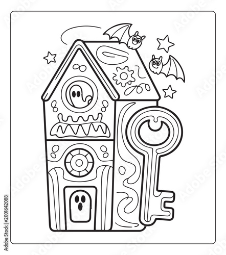 Halloween coloring page for kids of horror hunted house in jungle vector line art book design