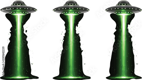 Alien UFO abduction beam set with glowing green energy light sci fi spaceship levitation effect isolated vector illustration