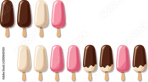 Chocolate vanilla strawberry ice cream bars set with glossy coating and melting drips sweet frozen dessert popsicle vector illustration collection