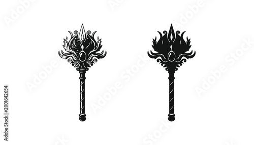 Fantasy magic staff weapon icon set featuring detailed ornate rod design with glowing flame motif and gemstone in line art and solid silhouette vector formats