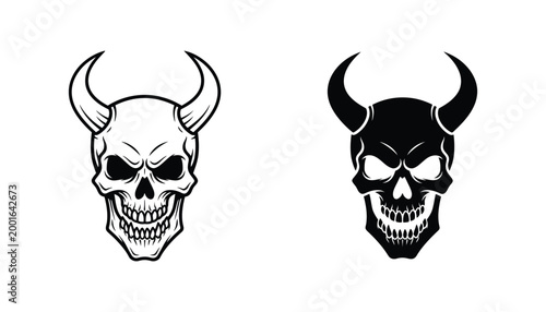 Devil skull head with sharp horns in outline and solid black vector style for dark fantasy and edgy merchandise design