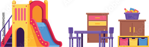 Colorful kids playroom interior with slide playground table chairs cabinet toy storage boxes kindergarten nursery furniture vector illustration
