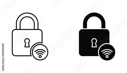 Padlock with wireless signal icon representing secure internet connection in outline and solid black vector style for cybersecurity branding