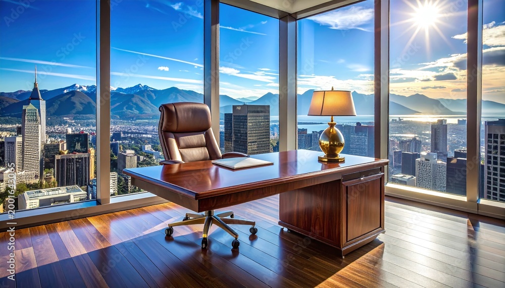Fototapeta premium Modern executive workspace featuring a premium wood desk and leather chair. Floortoceiling windows offer a breathtaking city and mountain vista, embodying success and corporate leadership.