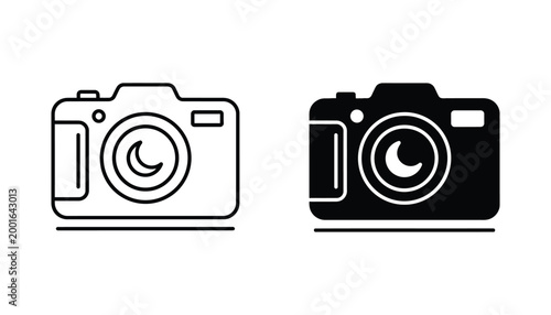Digital camera icon set for photography and media concepts featuring outline and solid black vector graphics isolated on white background for creative design projects