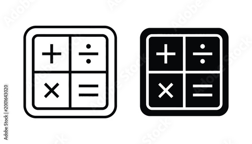 Calculator math operation icon set featuring addition division multiplication and equals symbols in square layout in both outline and solid styles isolated on white background