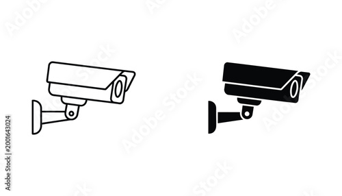 Dual style surveillance camera icons set featuring outline and solid black vector graphics for security monitoring systems and CCTV interface design elements isolated on white background