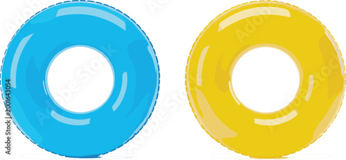 Glossy inflatable swim rings blue and yellow pool floats isolated summer vacation beach accessories vector illustration