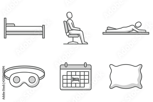 Collection of sleep and relaxation icons including bed chair pillow and sleep mask calendar