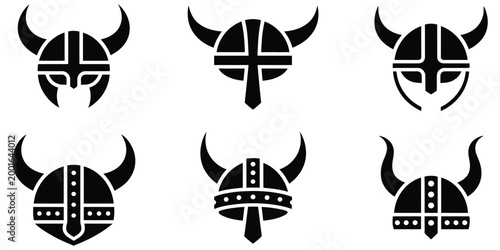 Viking, helmet icon set of horned Nordic warrior helmets, minimalist solid vector collection for fantasy illustration, Norse mythology designs, gaming interfaces, and historical warrior symbolism 