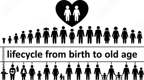 Human lifecycle infographic from birth to old age with heart symbol and silhouettes on white background