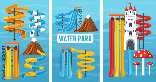 Colorful water park banner set featuring spiral slides, volcano, castle, mushroom fountain and aqua attractions on blue background