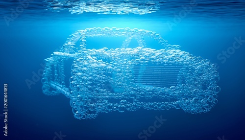Futuristic hydrogen car silhouette formed by glowing bubbles underwater representing clean energy and zero emission engine