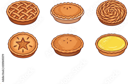 A delicious collection of six cartoon pie illustrations featuring various crust designs like lattice, star cutout, and swirled toppings isolated on a white background.