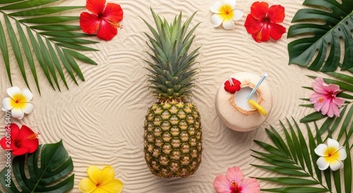 Tropical beach scene with pineapple, coconut drink, and colorful flowers on sand