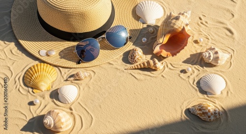 Beach accessories with seashells and sunglasses on sandy shore
