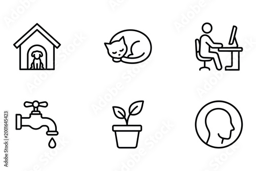 Minimalist line icons set featuring pets home office work plants utilities and profile symbols
