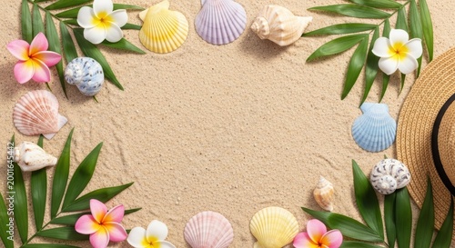 Beach border frame with seashells, flowers, and palm leaves on sandy background