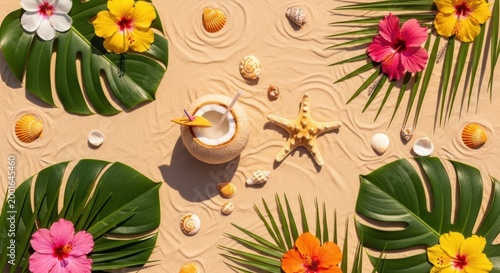 Tropical beach scene with coconut, seashells, starfish, and colorful flowers on sand