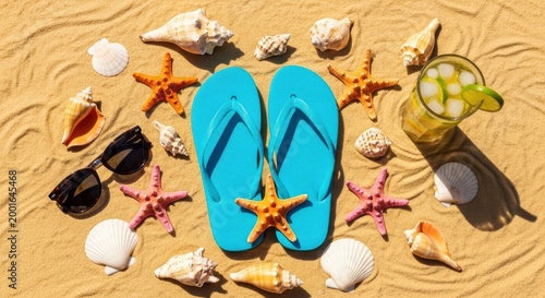 Beach vacation setup with flip flops, seashells, starfish, sunglasses, and a refreshing drink on sand