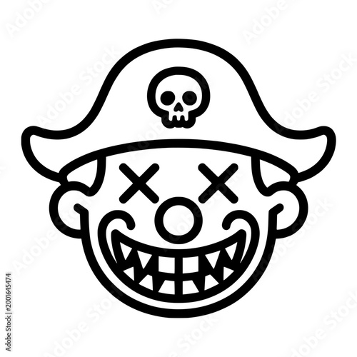 Pirate Clown Face with Cross Eyes Line Art Vector Illustration