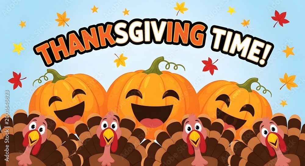 Fototapeta premium Thanksgiving time greeting card with happy cartoon turkeys and smiling pumpkins against a light blue sky with falling autumn leaves