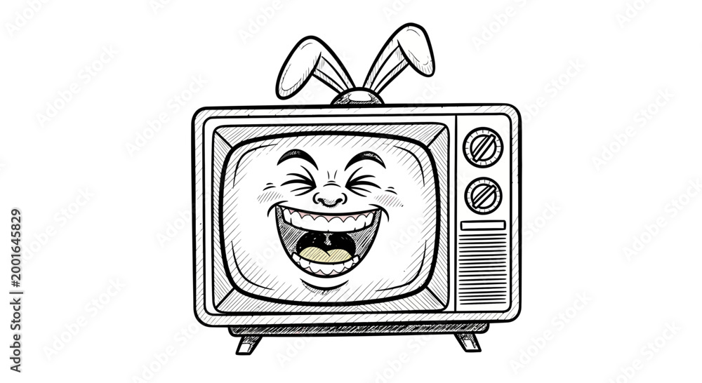 Naklejka premium Funny retro TV with bunny ears, laughing face on screen, cartoon style