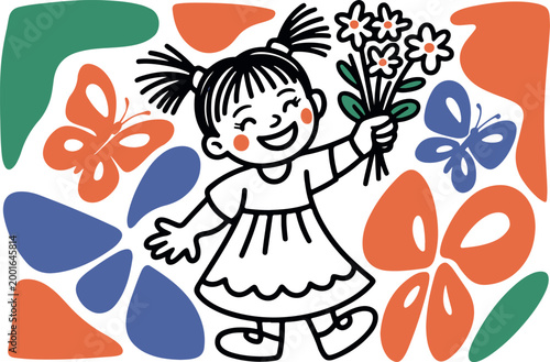 Joyful girl with flowers and butterflies in abstract colorful pattern illustration.