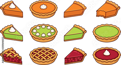A delicious collection of twelve cartoon pie illustrations featuring pumpkin, key lime, and cherry flavors as whole pies and individual slices isolated on a white background.