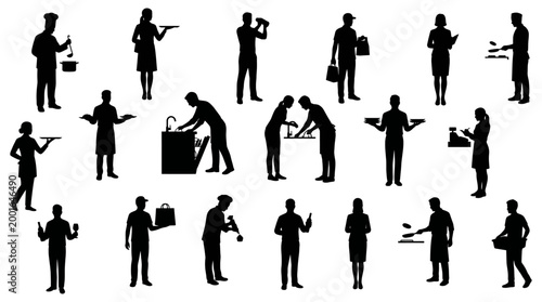 Quadro su tela Restaurant and food service silhouettes set | catering staff characters in actio