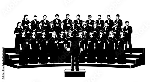 Choir Performance Silhouette: Conductor Leads Singers on Stage