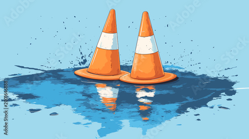 Two orange and white safety cones reflected in water or liquid, with splashes. Vector design