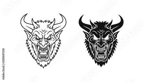 Demonic monster head with horns icon set in minimalist black and white line art and solid vector style for gaming and horror-themed graphics
