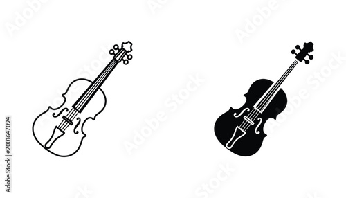 Classical violin music instrument icon set in outline and solid black silhouette styles for orchestra or musical education graphic design elements