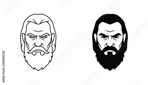 Serious bearded man face portrait icon set with outline and solid black silhouette styles for character design or avatar graphic elements