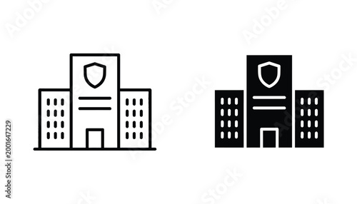 Modern office building complex icon set in clean architectural style for corporate branding and urban development digital assets in vector format