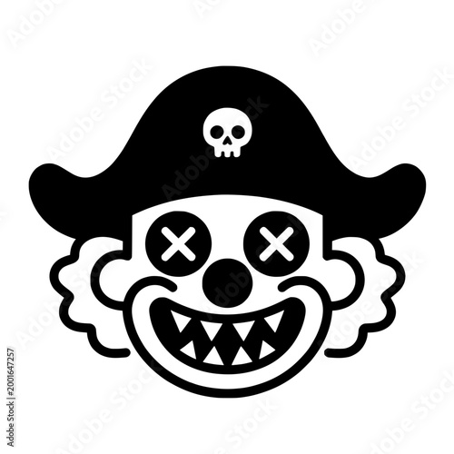 Pirate clown head icon with cross eyes and tricorn hat