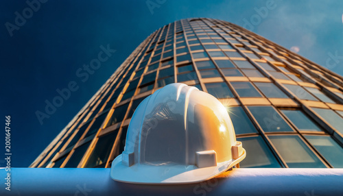 Construction hard hat in front of modern skyscraper building.
